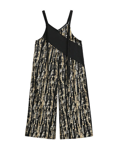 Loose Sleeveless Asymmetric Contrast Color Printed Split-Joint Spaghetti-Neck Overalls