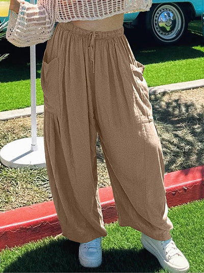 High Waisted Loose Drawstring Elasticity Pleated Pockets Solid Color Ninth Pants Trousers