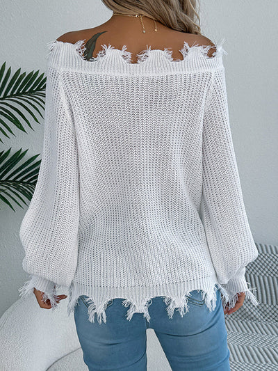 Long Sleeves Hollow Knitted Leaves Ribbed Knit See-Through Solid Color Off-The-Shoulder Sweater Tops