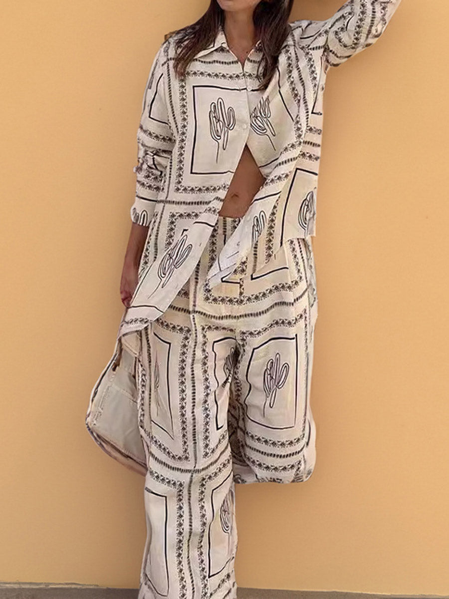Loose Contrast Color Geometric Printed Split-Joint Long Sleeves Buttoned Lapel Blouses&Shirts Tops +  Pants Two Pieces Set