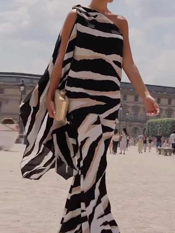 Loose Sleeveless Asymmetric Zebra-Stripe One-Shoulder Vest Top