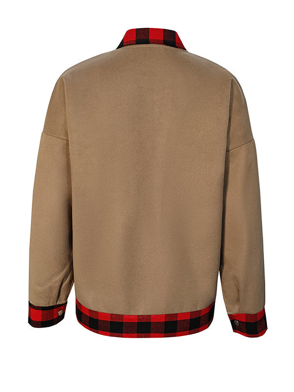 Long Sleeves Loose Buttoned Plaid Pockets Split-Joint Lapel Woolen Coat