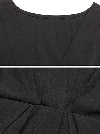 Loose Raglan Sleeve Elasticity Pleated Solid Color Split-Joint V-Neck Mini Dresses