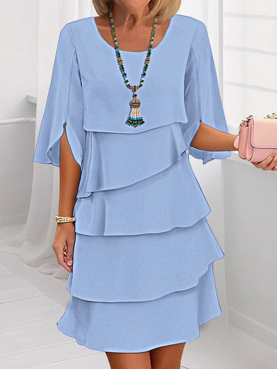 Half Sleeves Loose Layered Ruffled Solid Color Split-Joint Round-Neck Mini Dresses