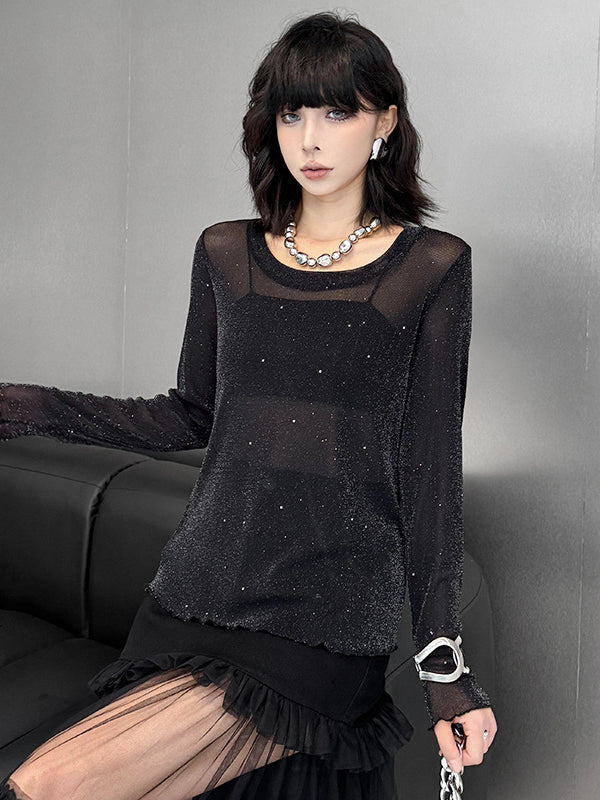 Long Sleeves Loose See-Through Shiny Round-Neck T-Shirts Tops