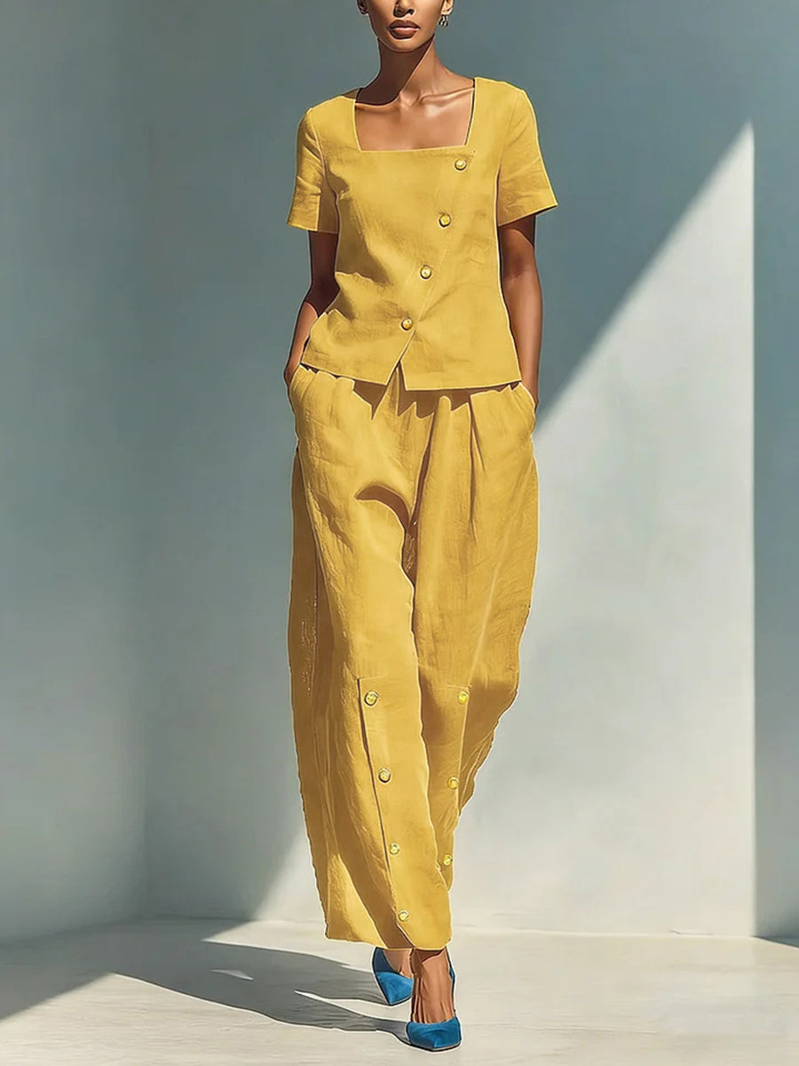 Loose Wide Leg Buttoned Pockets Solid Color Pants Trousers