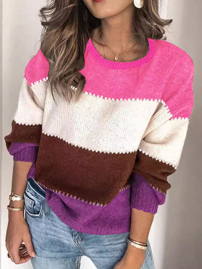 Long Sleeves Loose Contrast Color Split-Joint Striped Round-Neck Pullovers Sweater Tops