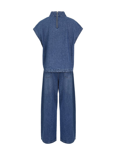 High Waisted Loose Pockets Solid Color Mock Neck Suits Vest Top + Pants Bottom Two Pieces Set