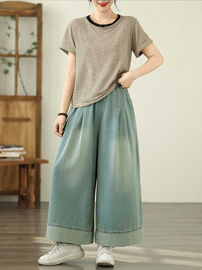 Loose Wide Leg Elasticity Pleated Pockets Jean Pants Bottoms Trousers