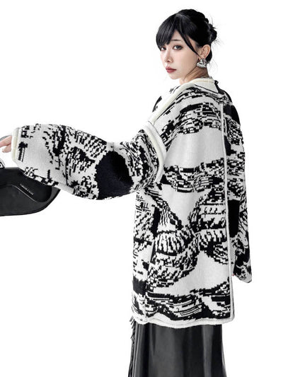 Long Sleeves Loose Abstract Printed Buttoned Contrast Color Pockets Split-Joint Collarless Cardigan Tops Outerwear