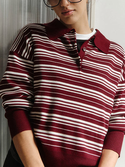 Long Sleeves Split-Joint Striped Lapel Sweater Tops