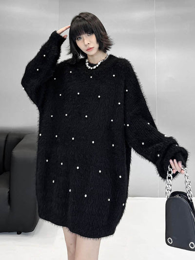 Long Sleeves Loose Beads Contrast Color Shiny Split-Joint Round-Neck Mini Dresses Sweater Dresses
