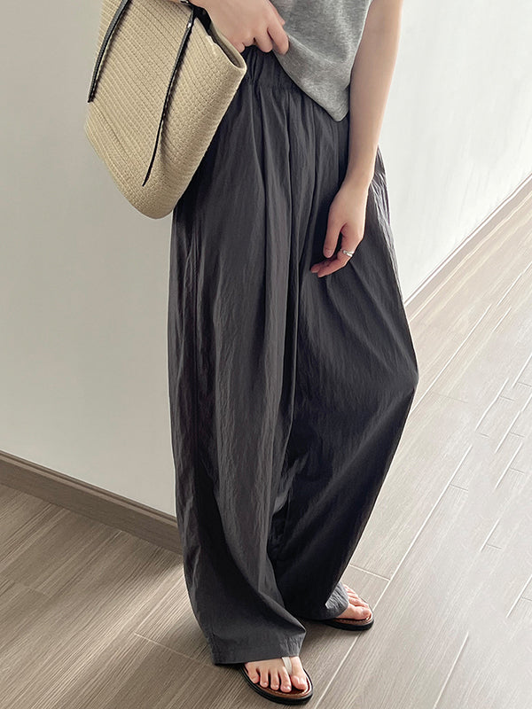 High Waisted Wide Leg Elasticity Pleated Solid Color Casual Pants Bottoms Trousers