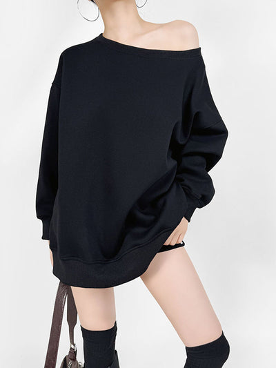 Long Sleeves Loose Solid Color Split-Joint Round-Neck Sweatshirt Tops