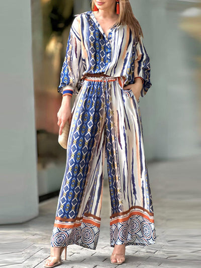 Long Sleeves Loose Printed Lapel Blouses Tops + Drawstring Pockets Pants Bottom Two Pieces Set