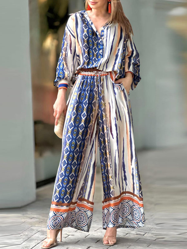 Long Sleeves Loose Printed Lapel Blouses Tops + Drawstring Pockets Pants Bottom Two Pieces Set