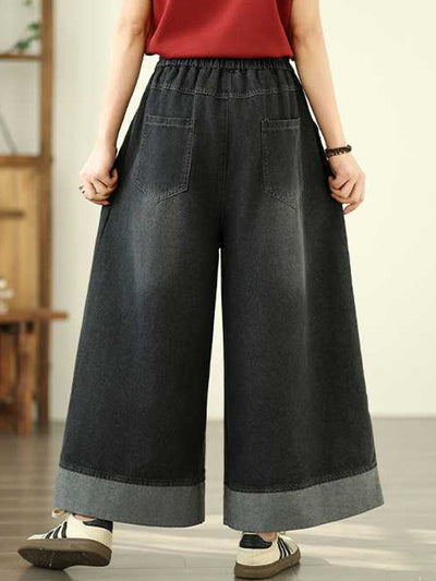 Loose Wide Leg Elasticity Pleated Pockets Jean Pants Bottoms Trousers