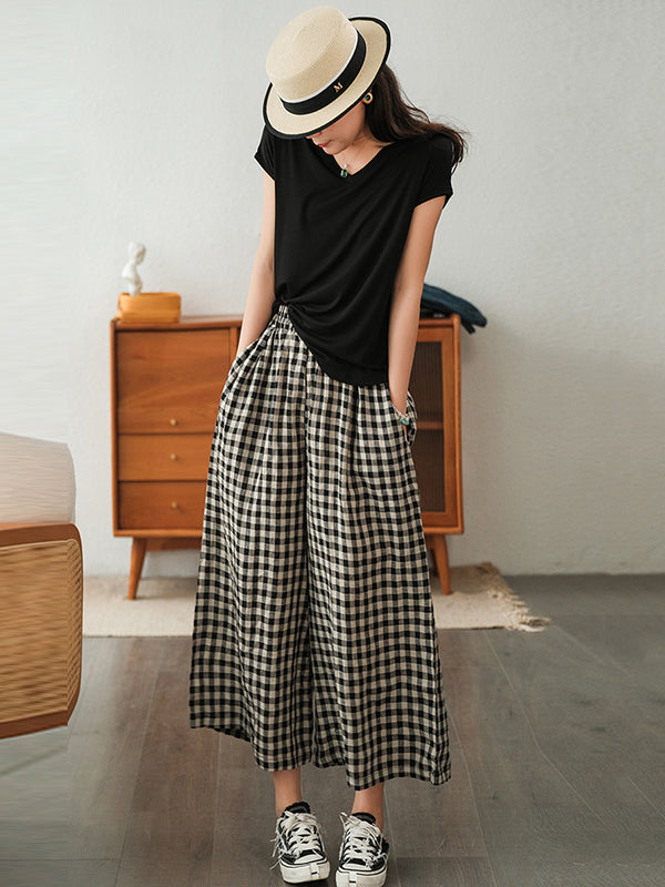 Artistic Retro Linen Loose Wide Legs Plaid Drawstring Pants