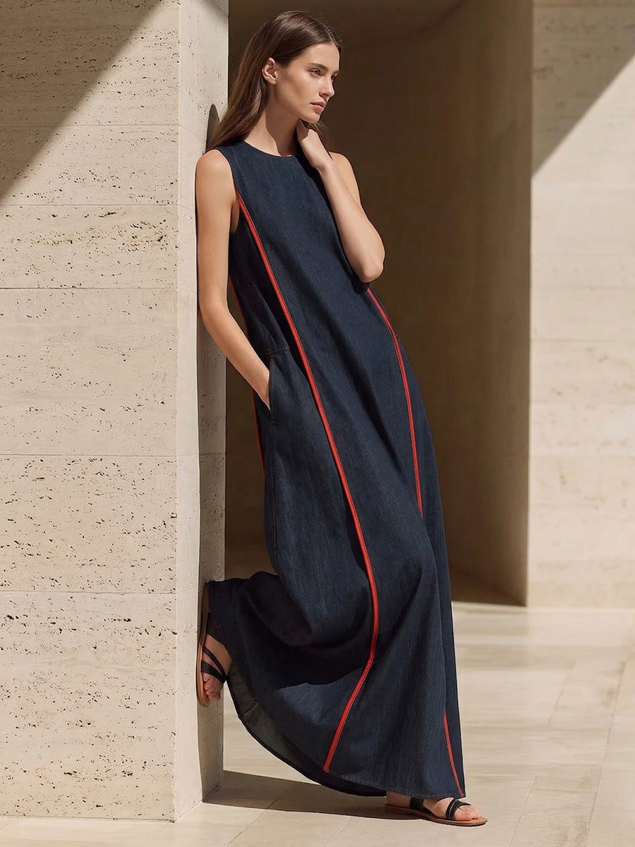 A-line Loose Contrast Color Pockets Split-Joint Round-neck Maxi Dresses