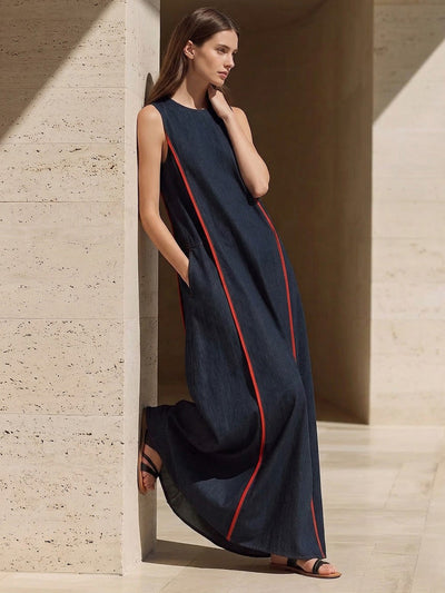 A-line Loose Contrast Color Pockets Split-Joint Round-neck Maxi Dresses