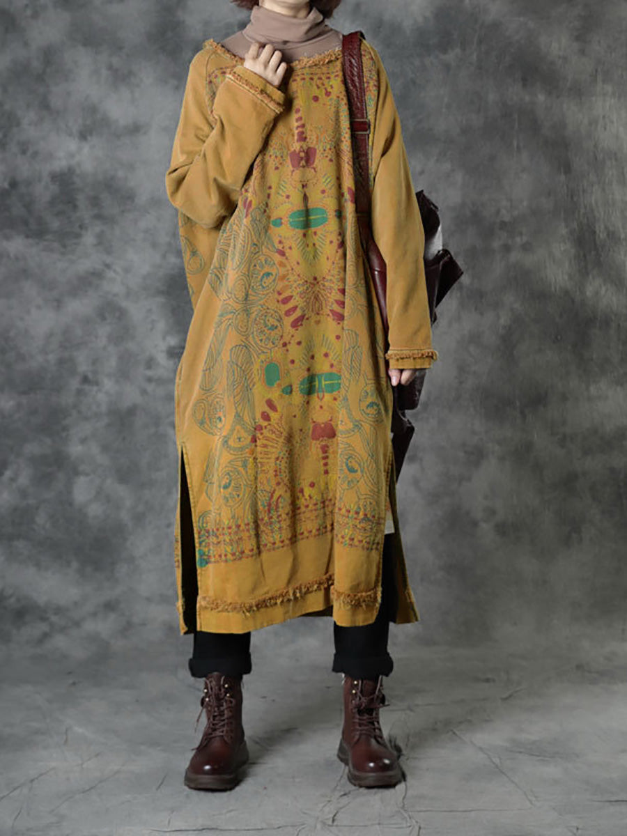 Plus Size Women Autumn Ethnic Print O-Neck Loose Cotton Dress