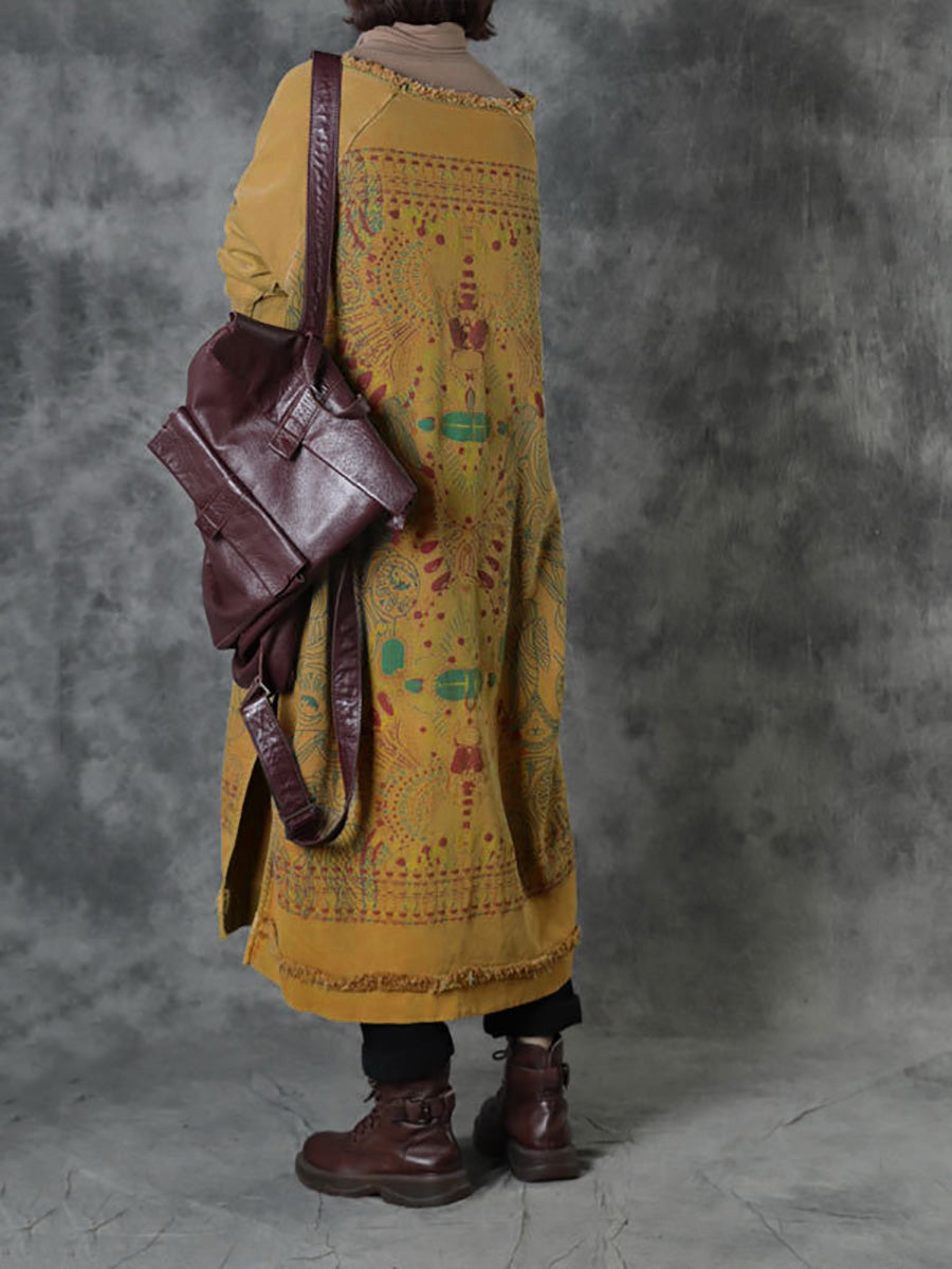 Plus Size Women Autumn Ethnic Print O-Neck Loose Cotton Dress