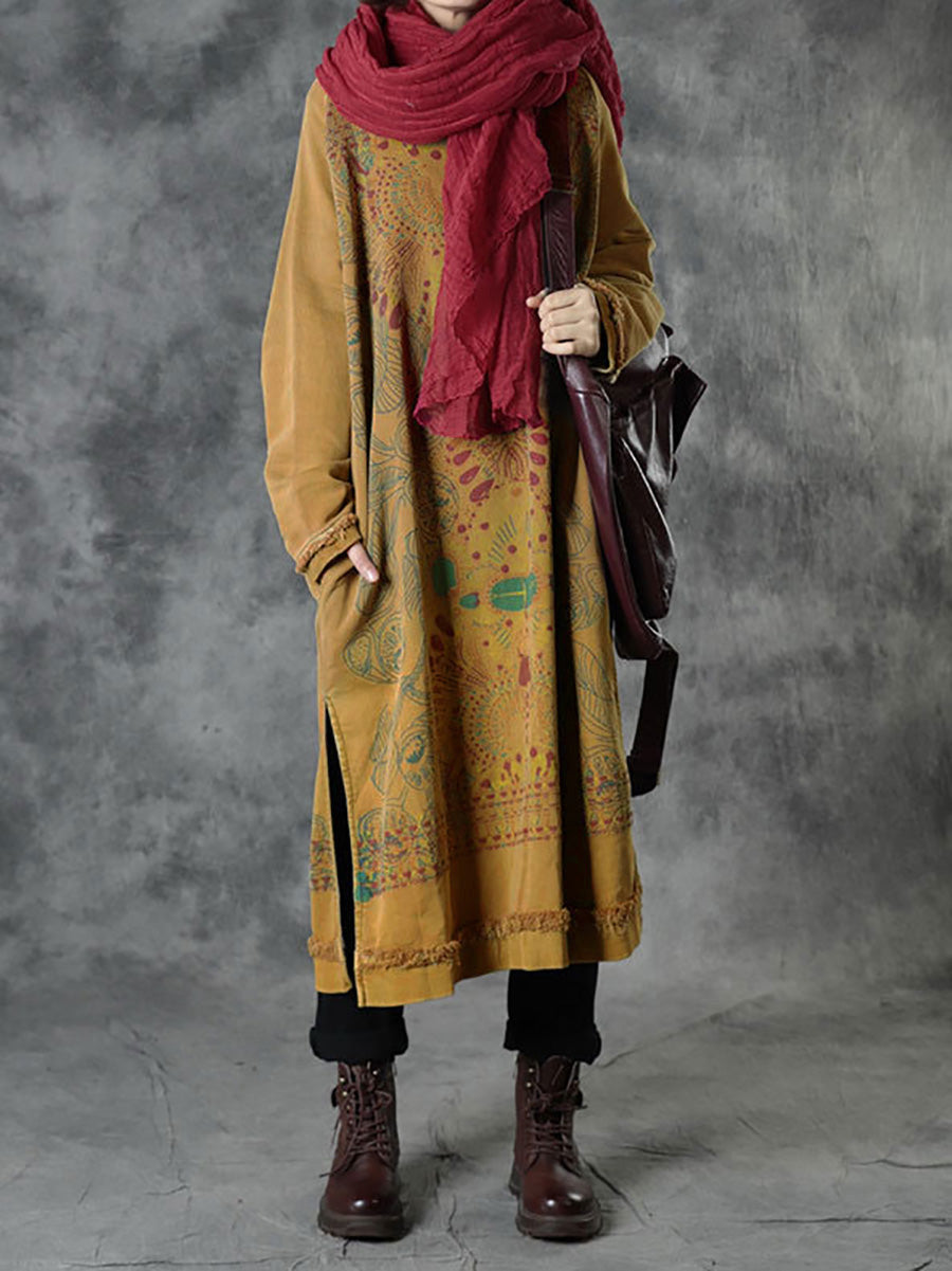 Plus Size Women Autumn Ethnic Print O-Neck Loose Cotton Dress