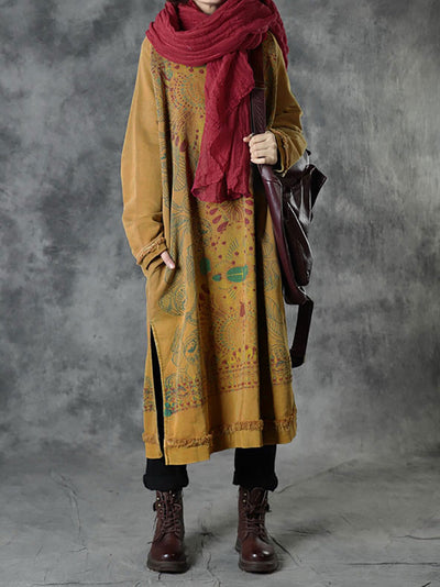 Plus Size Women Autumn Ethnic Print O-Neck Loose Cotton Dress