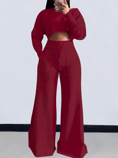 Loose Solid Color Long Sleeves T-Shirt + Drawstring Wide Leg Pants Trousers Two Pieces Set