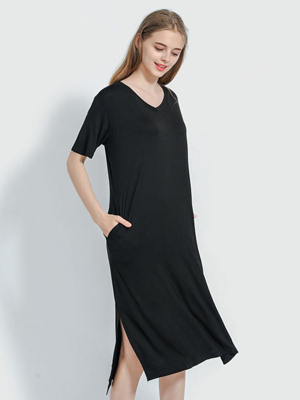 Simple Short Sleeves Loose Split-Side Solid Color V-Neck Pajamas Dress