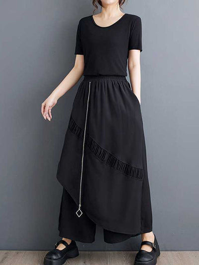 High Waisted Loose Elasticity Pleated Pockets Split-Joint Zipper Culotte Pants