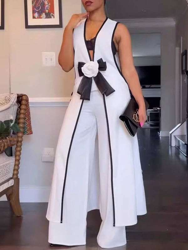 Sleeveless Contrast Color Split-Joint V-Neck Top + Wide Leg Pants Trousers Two Pieces Set