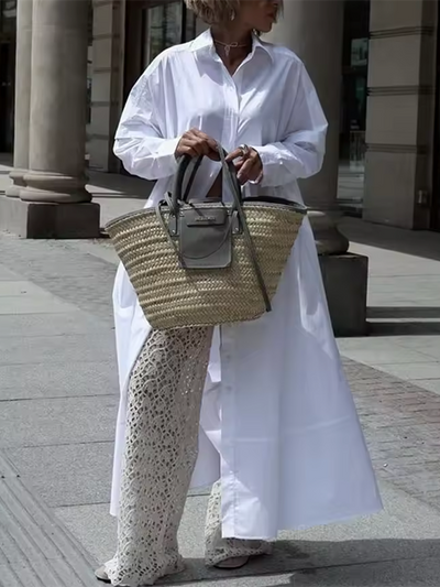 Long Sleeves Solid Color Split-Joint Lapel Maxi Dresses Shirt Dress