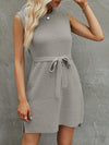 A-Line Loose Solid Color Split-Side Tied Waist Round-Neck Mini Dresses Sweater Dresses