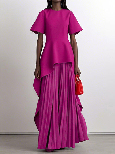 A-Line High Waisted Pleated Solid Color Split-Joint Round-Neck Maxi Dresses