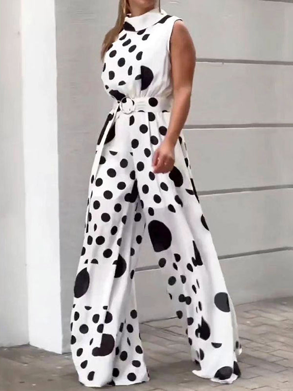High Waisted Sleeveless Polka-Dot Mock Neck Jumpsuits
