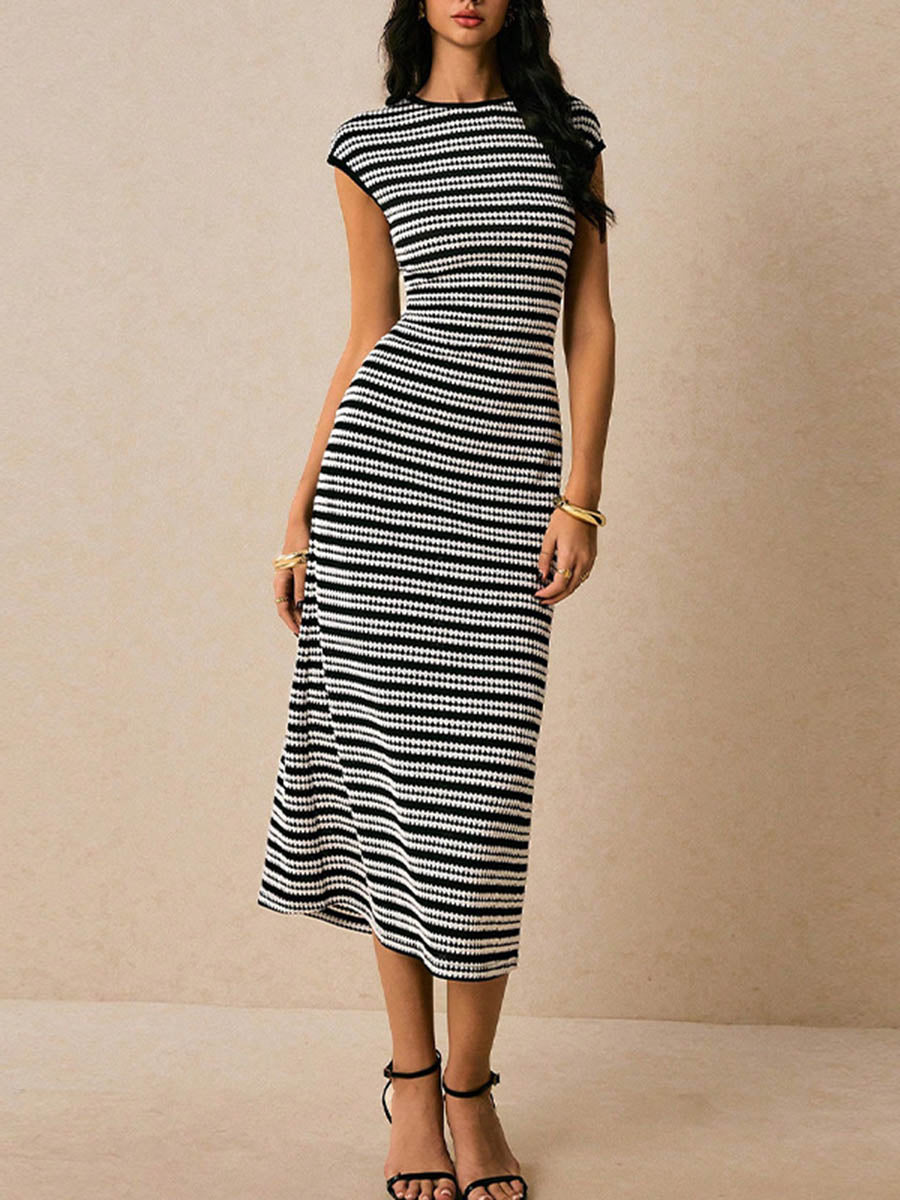 Sleeveless Contrast Color Split-Joint Striped Round-Neck Midi Dresses