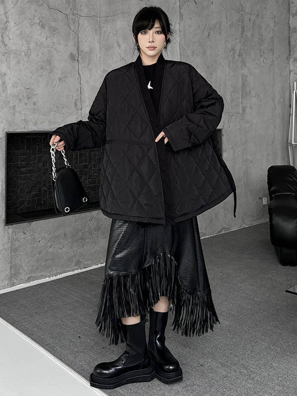 Long Sleeves Loose Plaid Quilted Solid Color Split-Joint Tied Collarless Outerwear Padded Coat