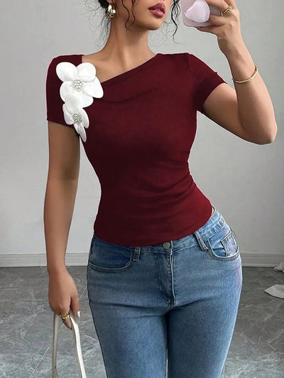 Short Sleeves Skinny Pleated Solid Color Three-Dimensional Flower Asymmetric Collar T-Shirts Tops