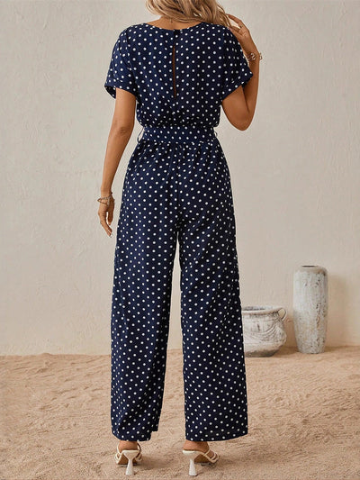 High Waisted Ninth Pants Contrast Color Polka-Dot Split-Joint Tied Waist Round-Neck Jumpsuits