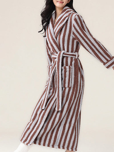 Long Sleeves Loose Split-Joint Striped Tied Waist Lapel Robes