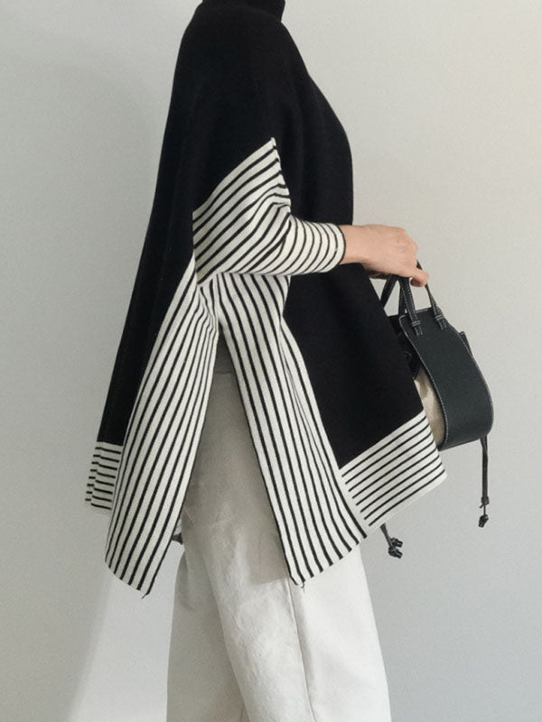 Batwing Sleeves Loose Split-Joint Split-Side Striped High Neck Sweater