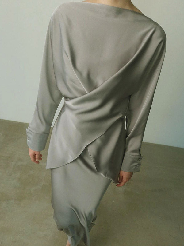 Loose Solid Color Split-Joint Boat Neck Long Sleeves Blouse & Shirt + Skirt Two Pieces Set