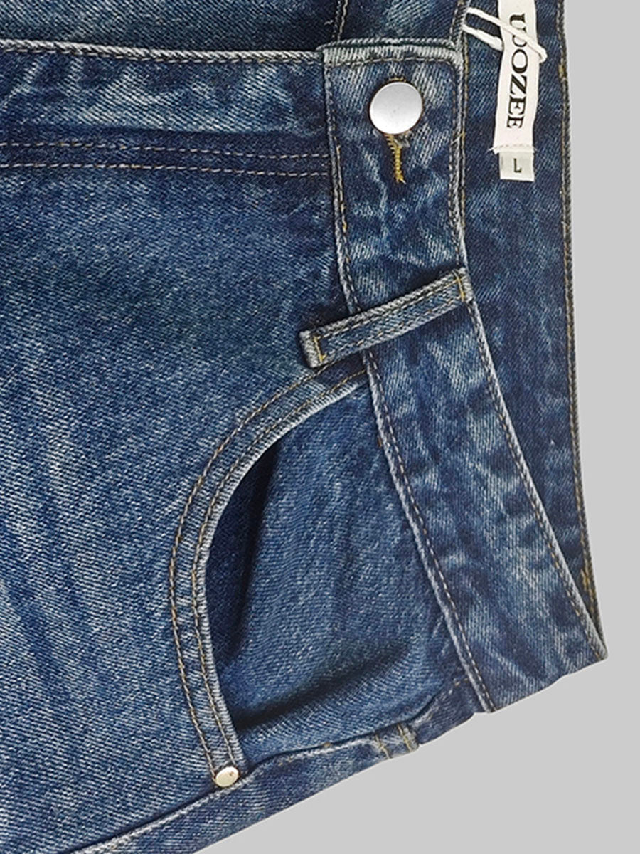 High Waisted Wide Leg Contrast Color Fringed Split-Joint Jean Pants Bottoms
