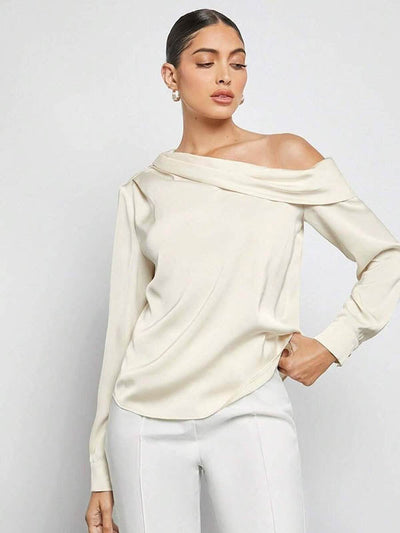 Long Sleeves Skinny Pleated Solid Color Split-Joint One-Shoulder Blouses&Shirts Tops