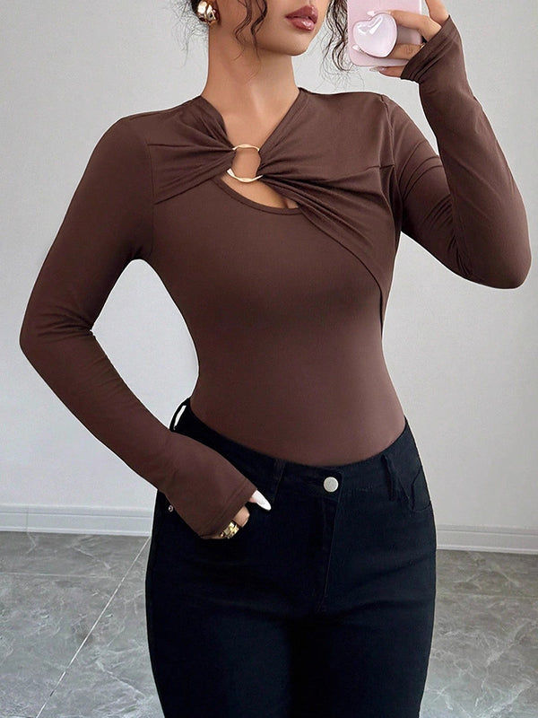 Long Sleeves Skinny Solid Color Split-Joint Asymmetric Collar T-Shirts