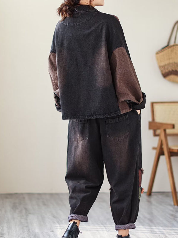 Contrast Color Fringed Split-Joint Long Sleeves Printed Outwear + Harem Pants  Two Pieces Set