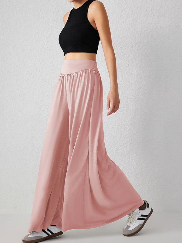 High Waisted Loose Pleated Pockets Solid Color Split-Joint Pants Trousers