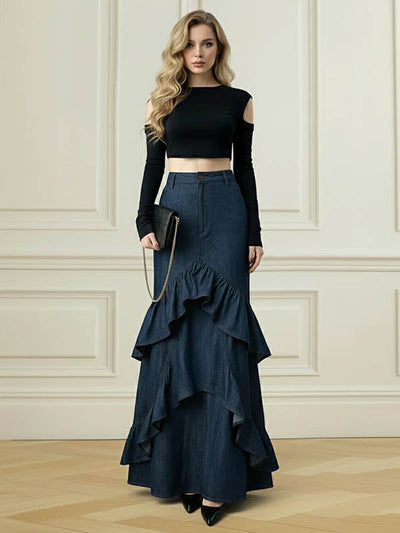 Bodycon High Waisted Ruffled Solid Color Split-Joint Skirts Bottoms