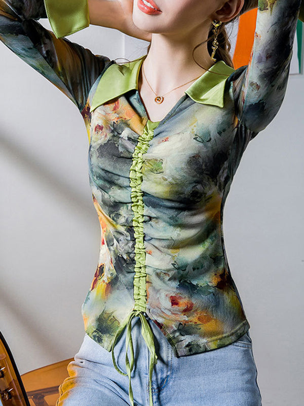 Flared Sleeves Long Sleeves Drawstring Flower Print Pleated Lapel Blouses&Shirts Tops